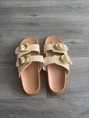 Billini Cream Woven Double-Buckle Slide Sandals with Gold Buckles